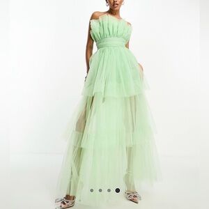Strapless Tulle high low maxi Apple Green Gown